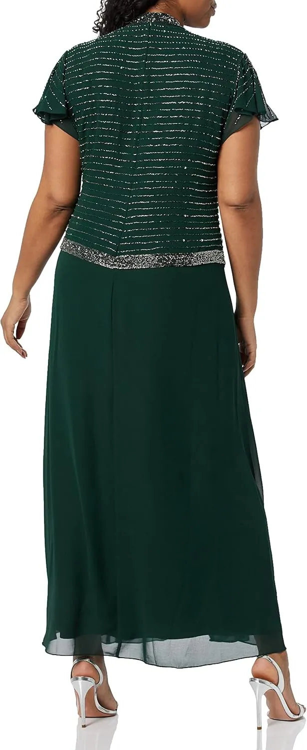 J Kara Women's Plus Size Faux Wrap Long Dress W/Flutter Sleeve