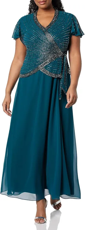 J Kara Women's Plus Size Faux Wrap Long Dress W/Flutter Sleeve