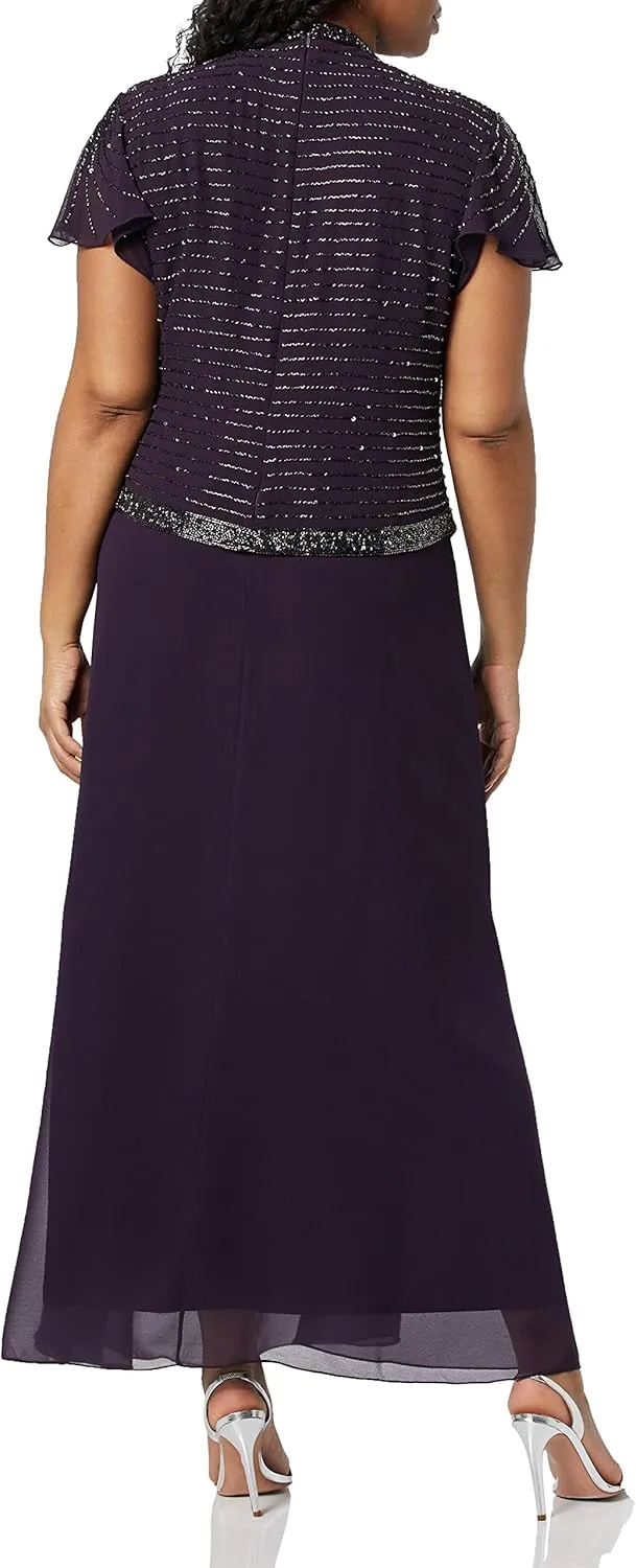 J Kara Women's Plus Size Faux Wrap Long Dress W/Flutter Sleeve