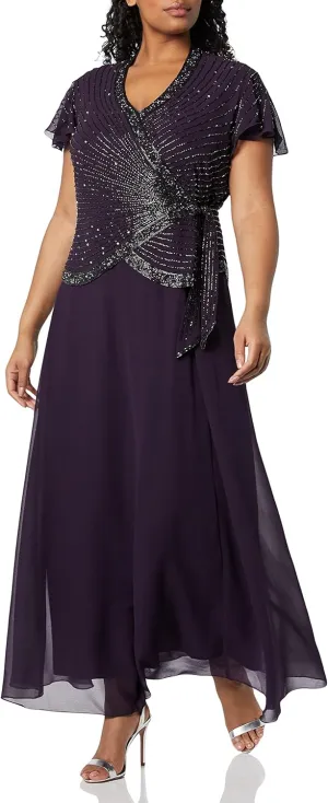 J Kara Women's Plus Size Faux Wrap Long Dress W/Flutter Sleeve