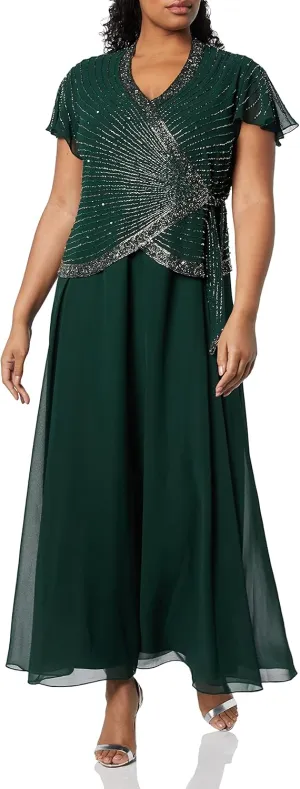 J Kara Women's Plus Size Faux Wrap Long Dress W/Flutter Sleeve