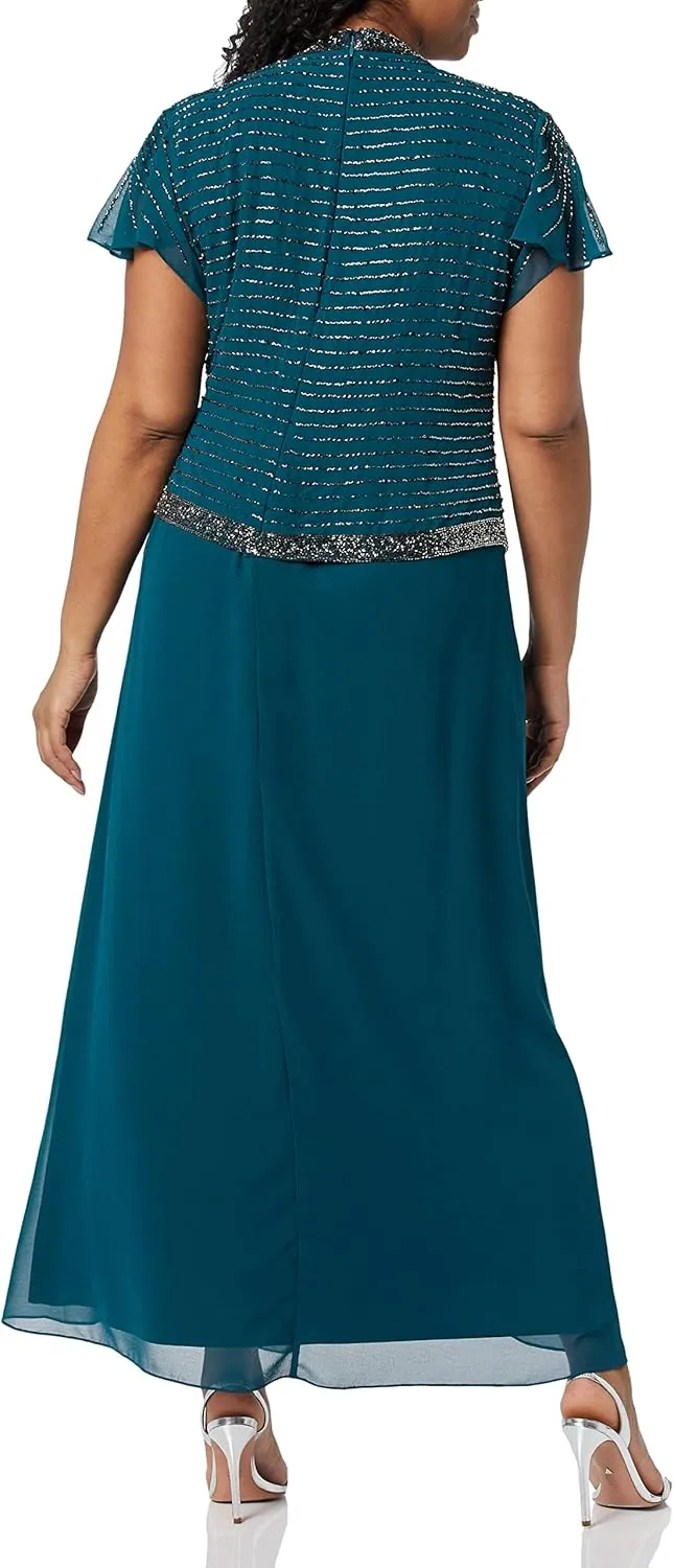 J Kara Women's Plus Size Faux Wrap Long Dress W/Flutter Sleeve