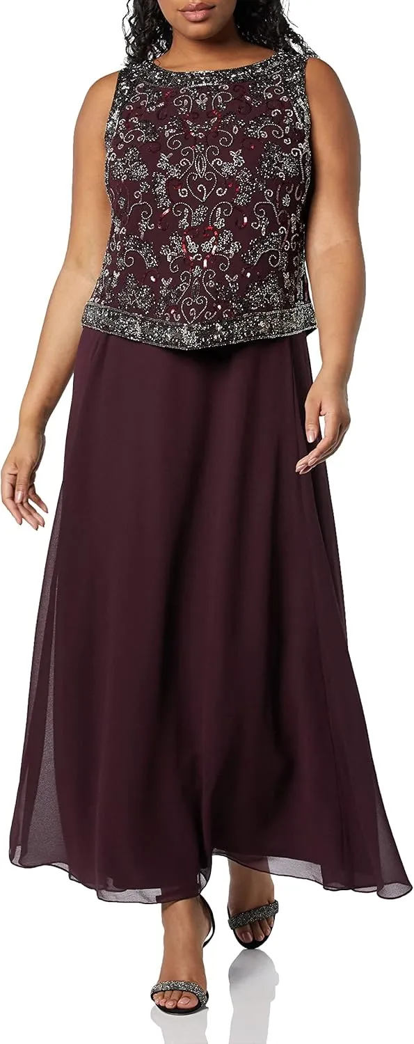 J Kara Women's Plus Size Long Beaded V Trim Detail Gown with Scarf