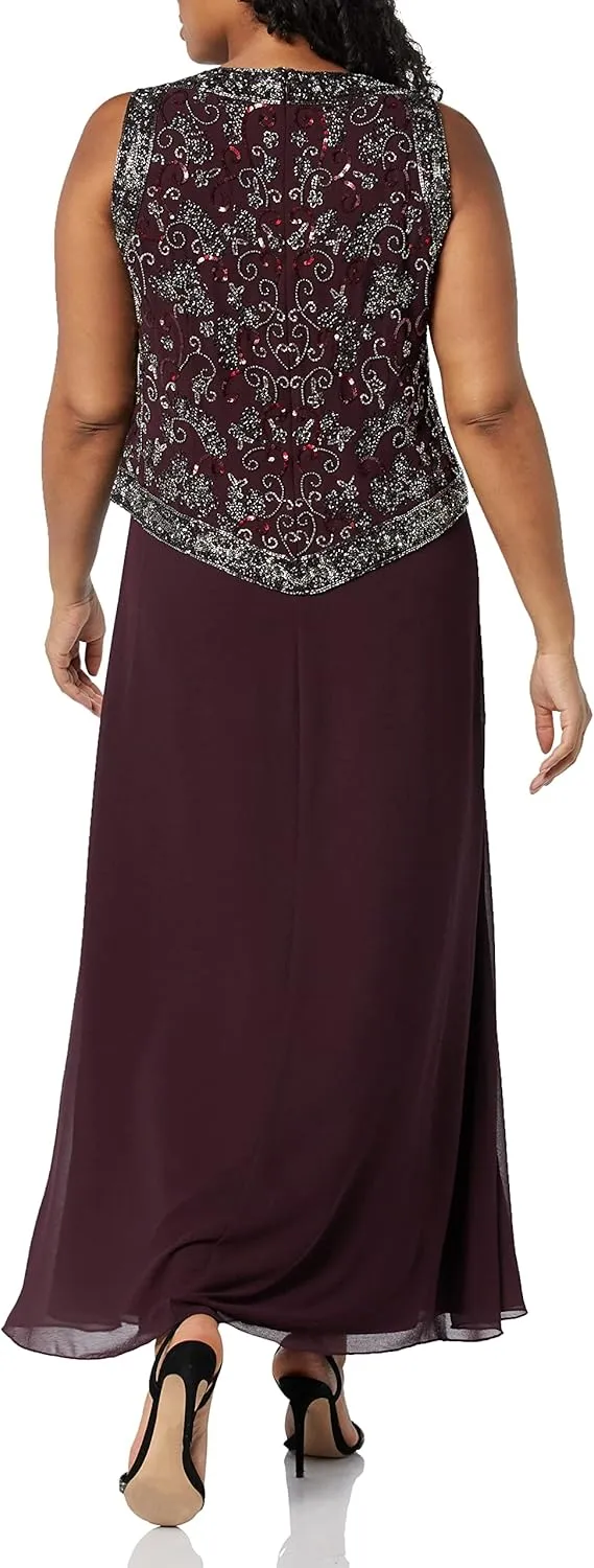 J Kara Women's Plus Size Long Beaded V Trim Detail Gown with Scarf
