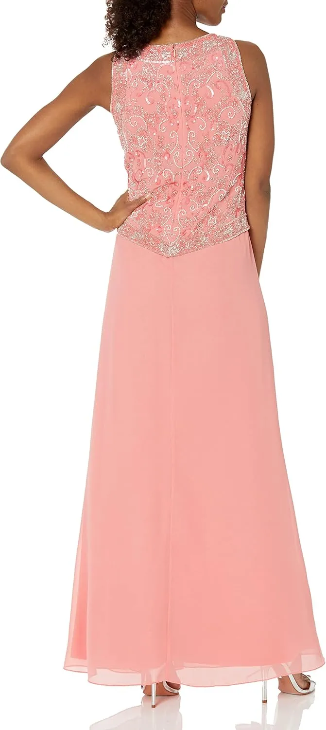 J Kara Women's Plus Size Long Beaded V Trim Detail Gown with Scarf