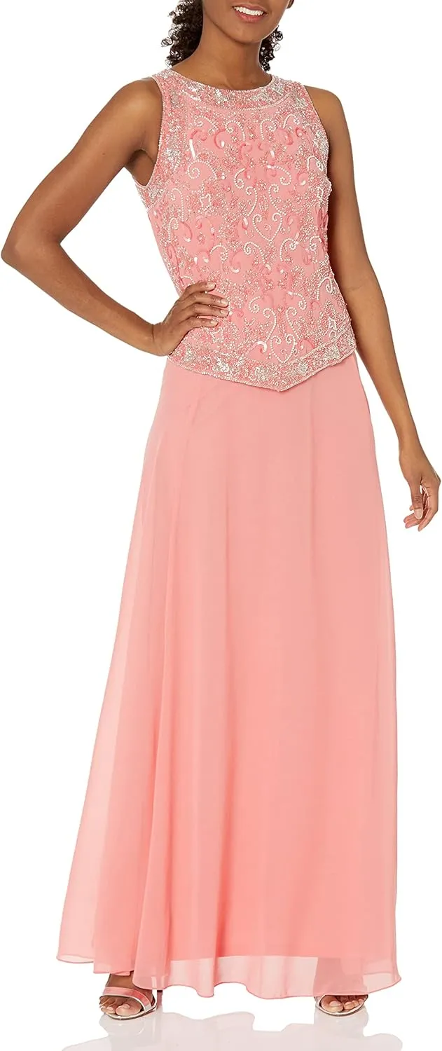 J Kara Women's Plus Size Long Beaded V Trim Detail Gown with Scarf
