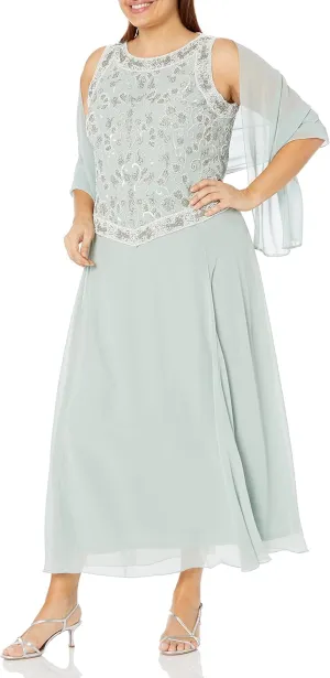 J Kara Women's Plus Size Long Beaded V Trim Detail Gown with Scarf