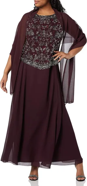 J Kara Women's Plus Size Long Beaded V Trim Detail Gown with Scarf