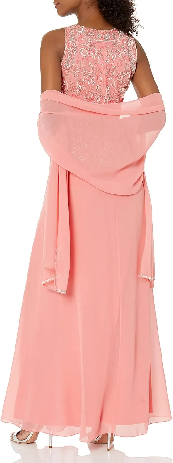 J Kara Women's Plus Size Long Beaded V Trim Detail Gown with Scarf