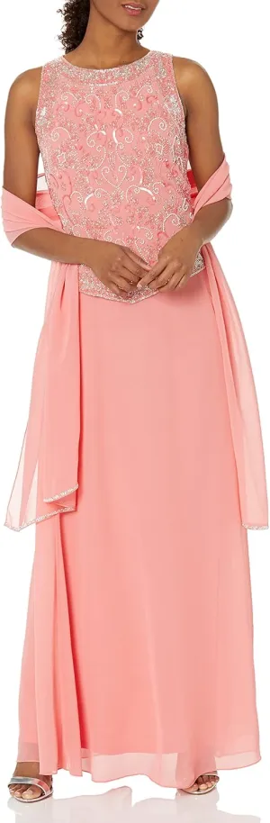 J Kara Women's Plus Size Long Beaded V Trim Detail Gown with Scarf