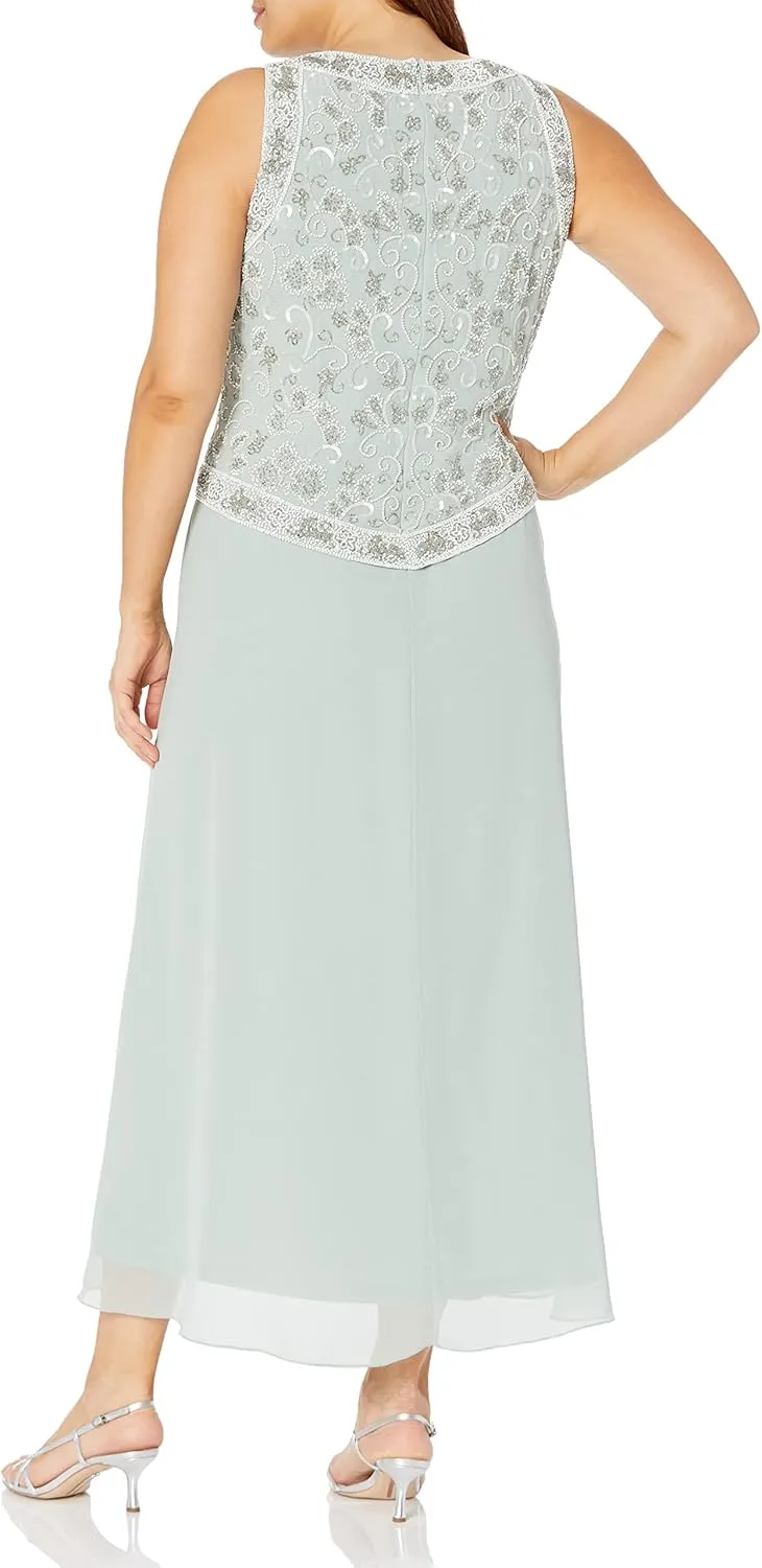 J Kara Women's Plus Size Long Beaded V Trim Detail Gown with Scarf