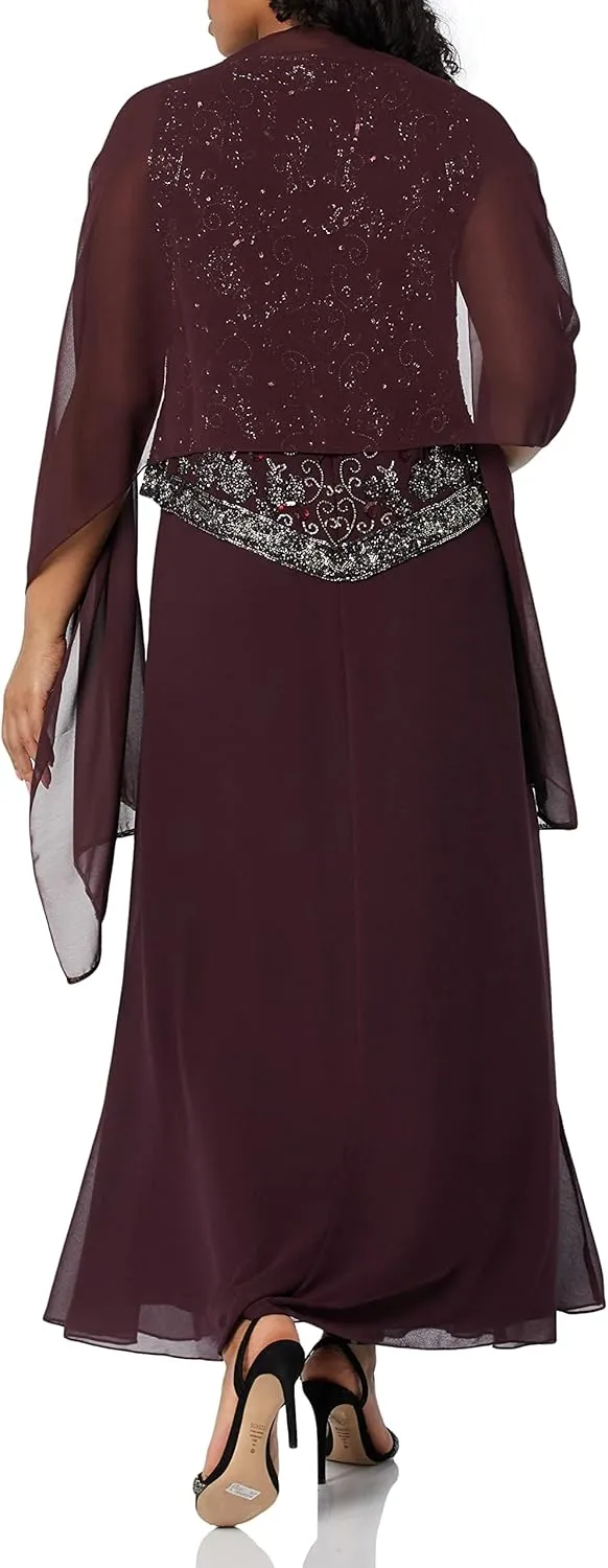 J Kara Women's Plus Size Long Beaded V Trim Detail Gown with Scarf