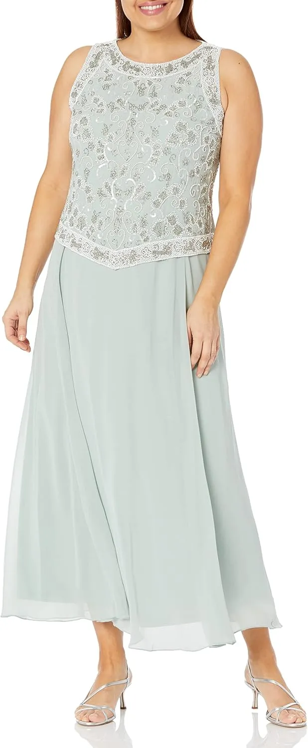 J Kara Women's Plus Size Long Beaded V Trim Detail Gown with Scarf