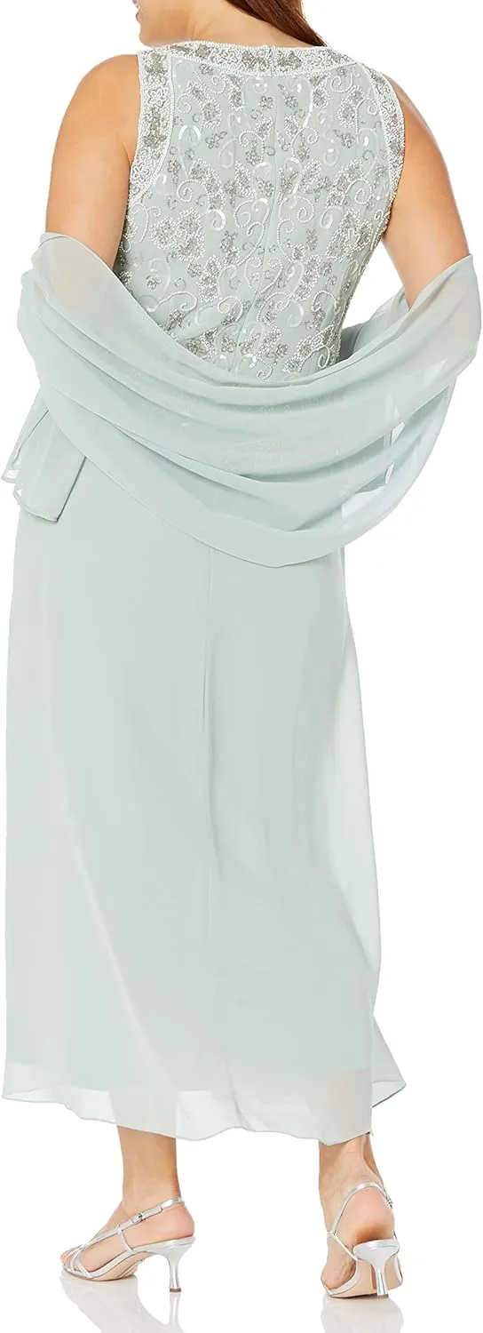 J Kara Women's Plus Size Long Beaded V Trim Detail Gown with Scarf