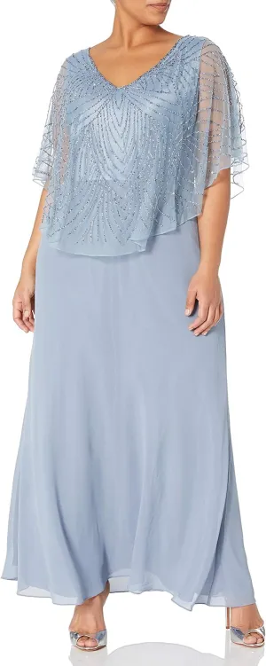 J Kara Women's Plus Size Pop Over Long Beaded Dress