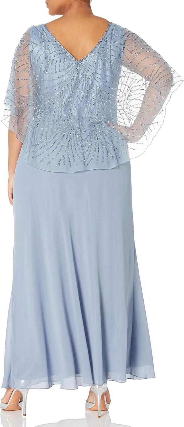 J Kara Women's Plus Size Pop Over Long Beaded Dress