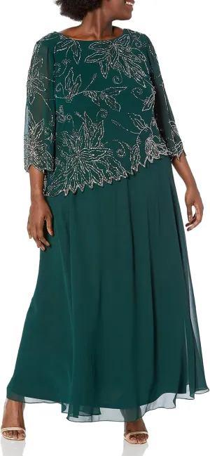J Kara Women's Plus Size Sheer Sleeve Floral Beaded Long Dress