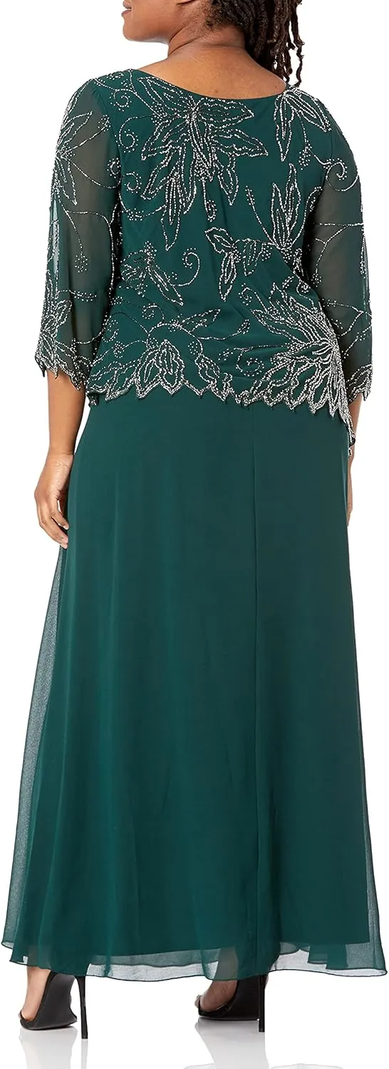 J Kara Women's Plus Size Sheer Sleeve Floral Beaded Long Dress