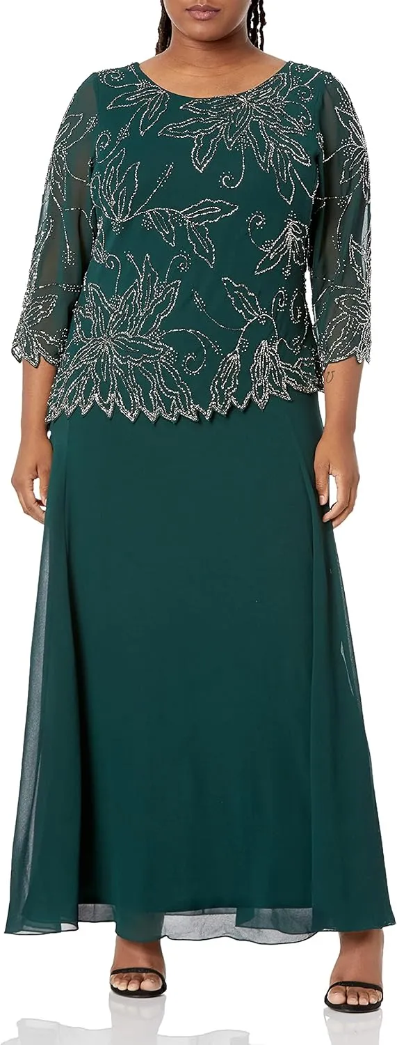 J Kara Women's Plus Size Sheer Sleeve Floral Beaded Long Dress