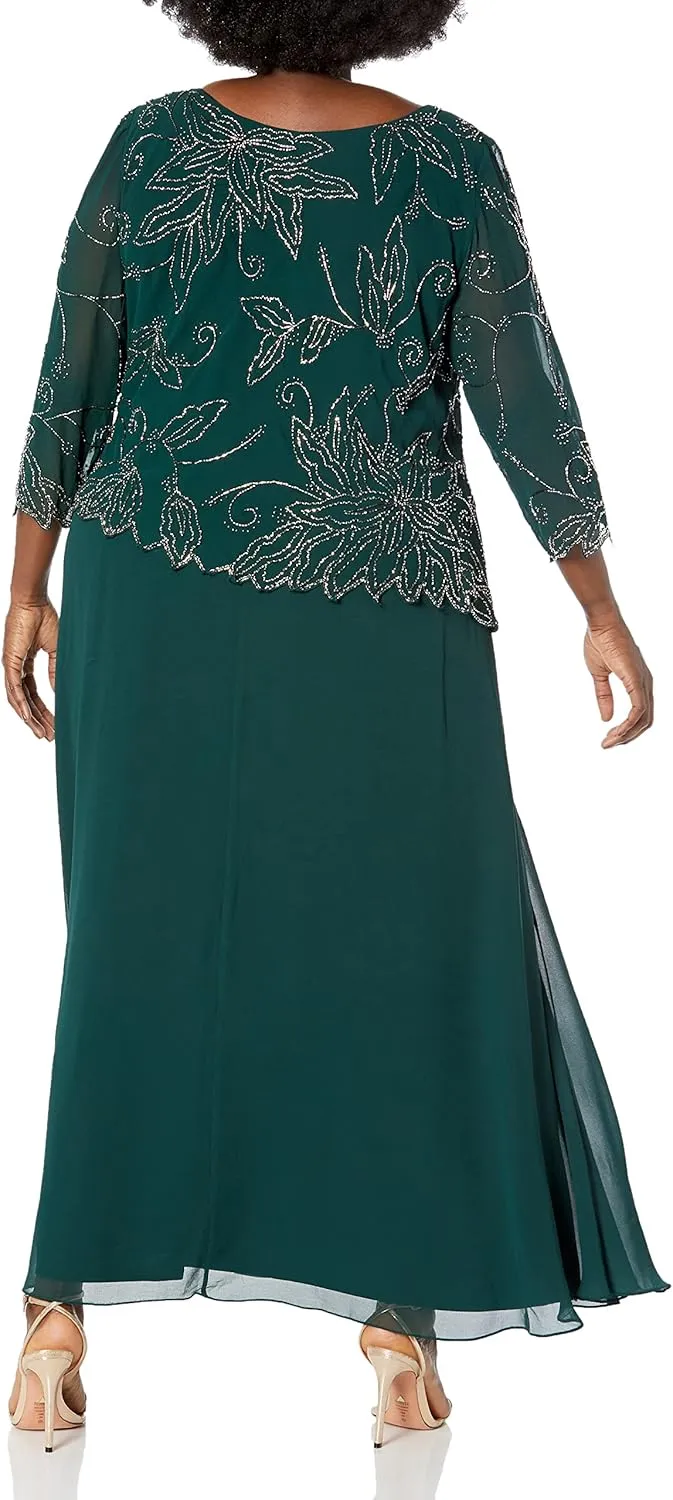 J Kara Women's Plus Size Sheer Sleeve Floral Beaded Long Dress
