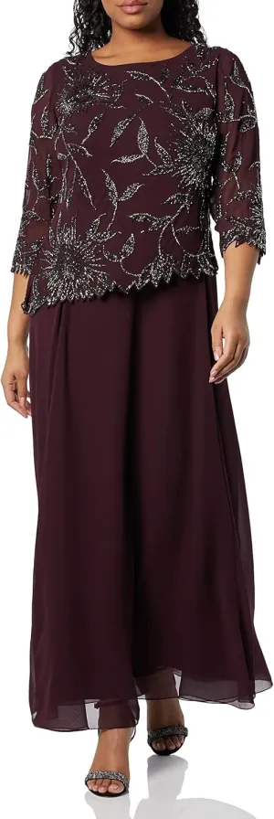 J Kara Women's Scoop Neck Line with 3/4 Sleeve Beaded Top Long Dress