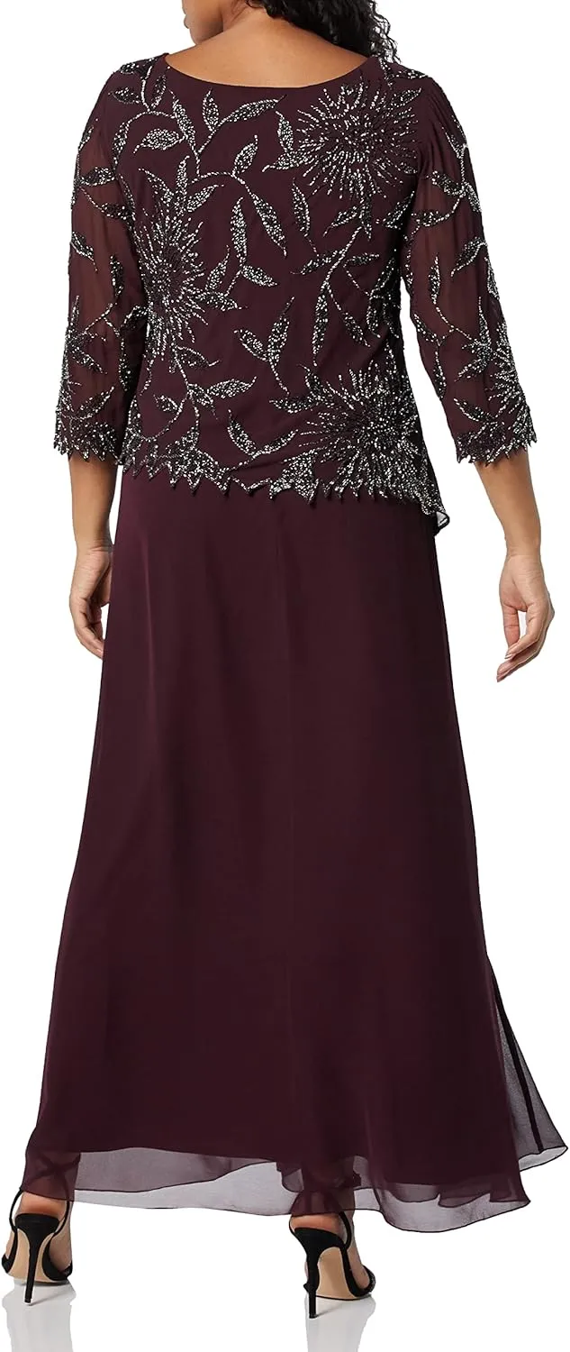 J Kara Women's Scoop Neck Line with 3/4 Sleeve Beaded Top Long Dress