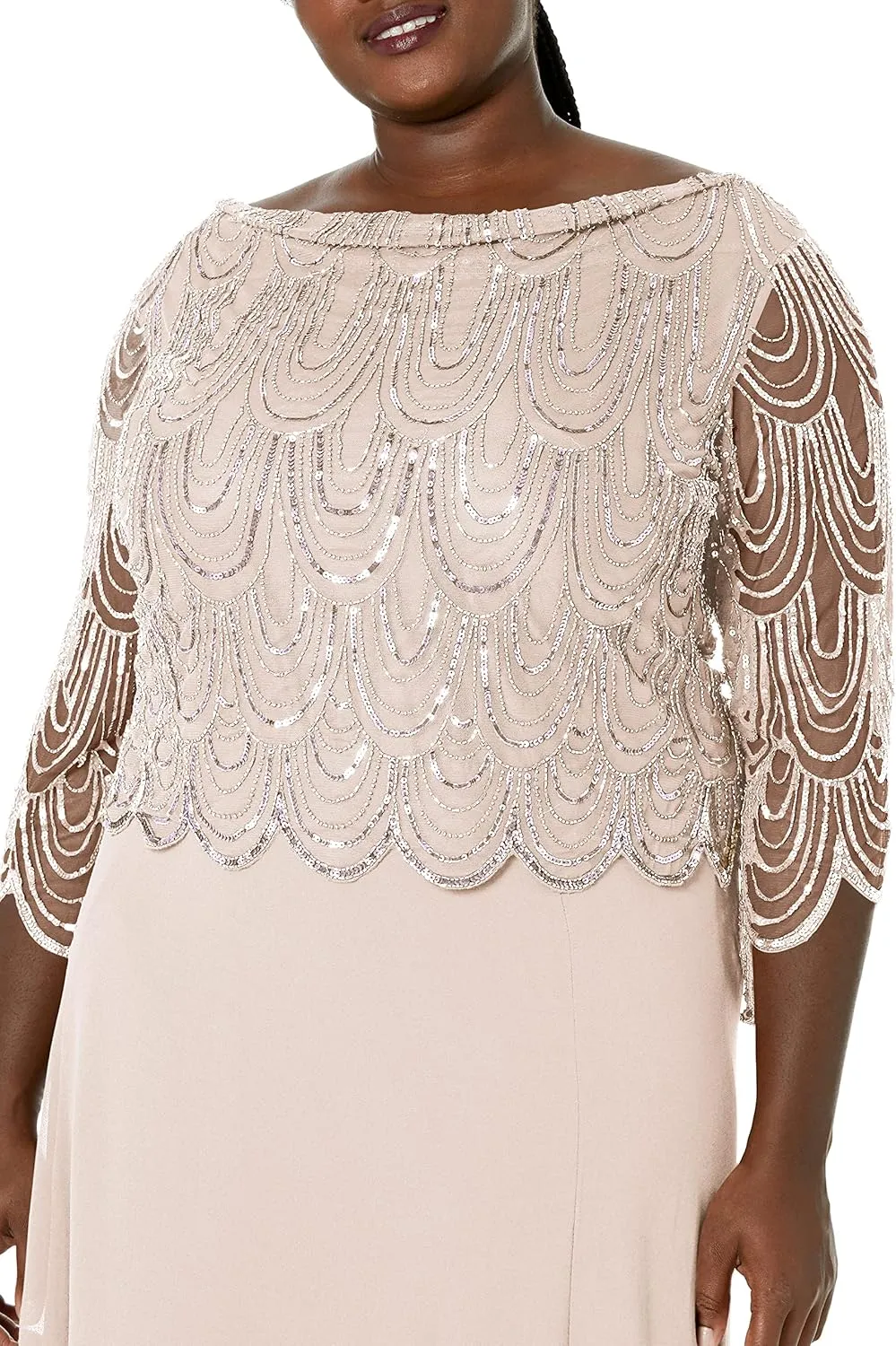 J Kara Women's Size 3/4 Scallop Beaded Pop Over Gown Plus