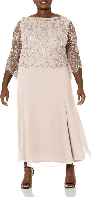 J Kara Women's Size 3/4 Scallop Beaded Pop Over Gown Plus