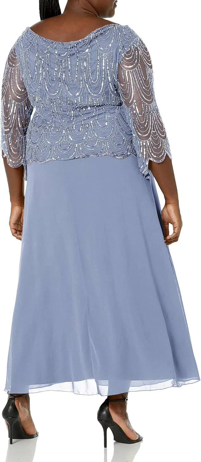 J Kara Women's Size 3/4 Scallop Beaded Pop Over Gown Plus