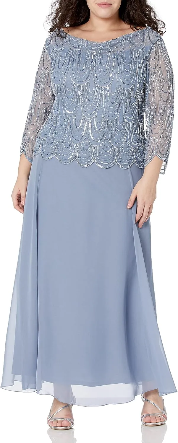 J Kara Women's Size 3/4 Scallop Beaded Pop Over Gown Plus