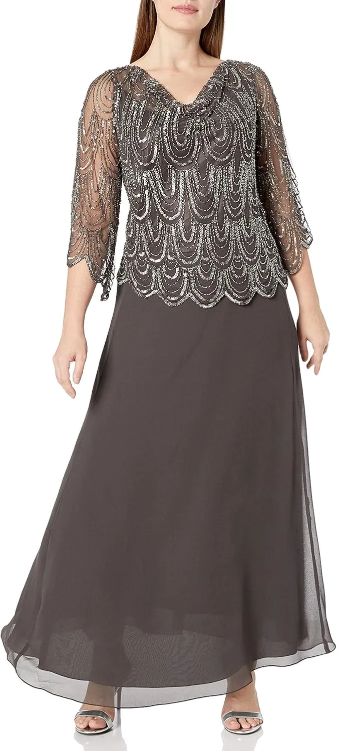 J Kara Women's Size 3/4 Scallop Beaded Pop Over Gown Plus