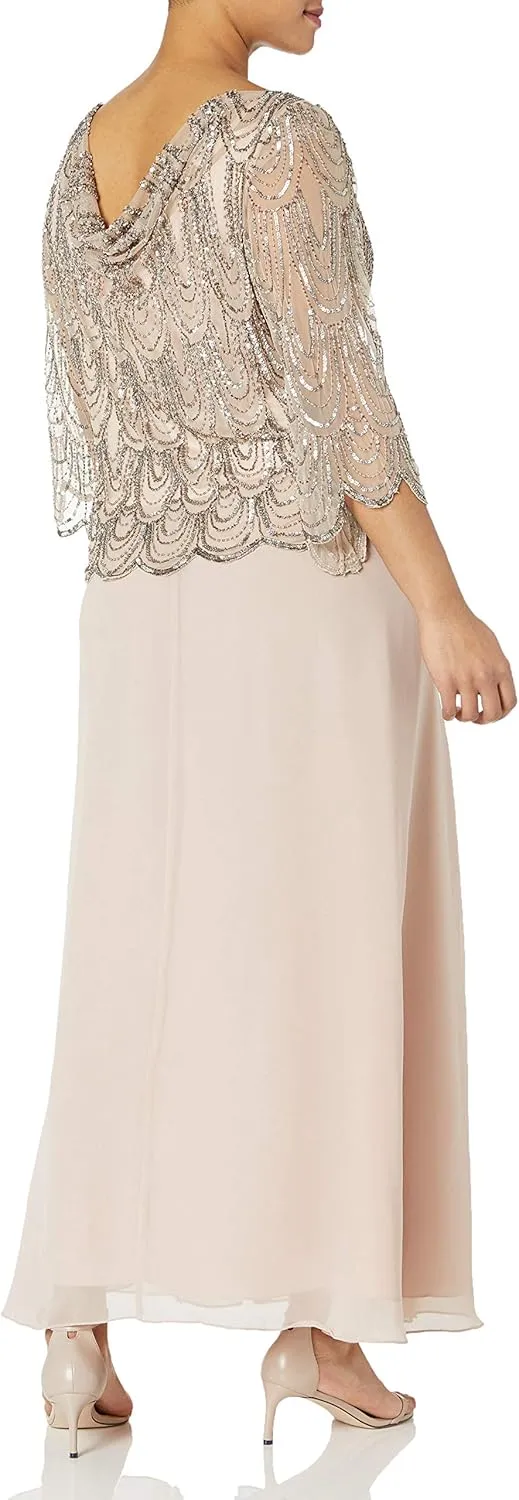J Kara Women's Size 3/4 Scallop Beaded Pop Over Gown Plus