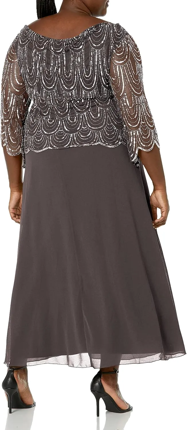 J Kara Women's Size 3/4 Scallop Beaded Pop Over Gown Plus