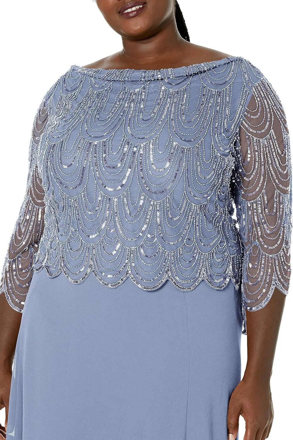 J Kara Women's Size 3/4 Scallop Beaded Pop Over Gown Plus