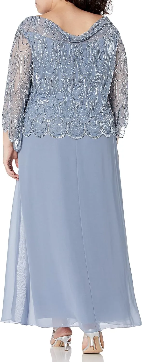 J Kara Women's Size 3/4 Scallop Beaded Pop Over Gown Plus
