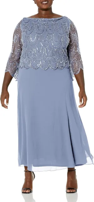 J Kara Women's Size 3/4 Scallop Beaded Pop Over Gown Plus