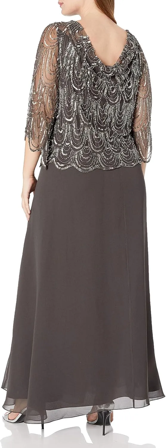 J Kara Women's Size 3/4 Scallop Beaded Pop Over Gown Plus