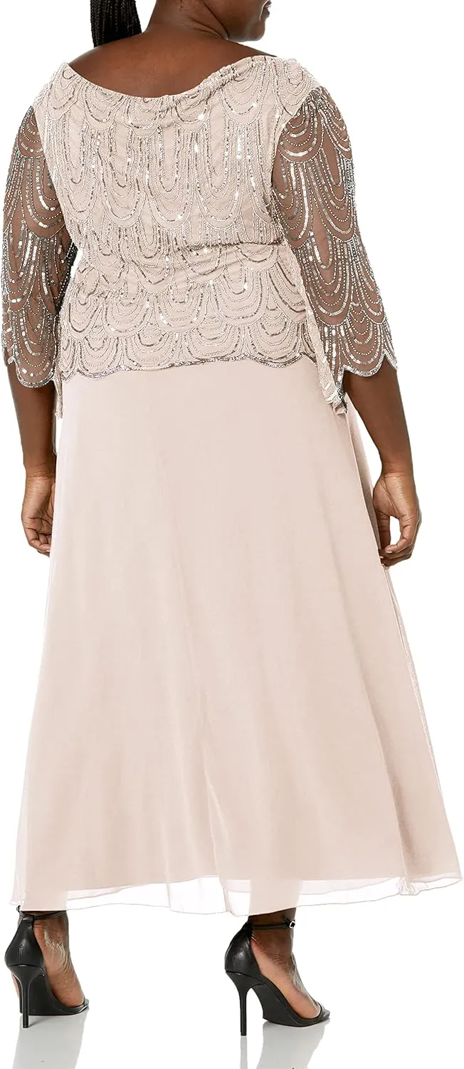 J Kara Women's Size 3/4 Scallop Beaded Pop Over Gown Plus