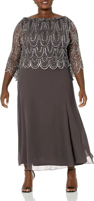 J Kara Women's Size 3/4 Scallop Beaded Pop Over Gown Plus