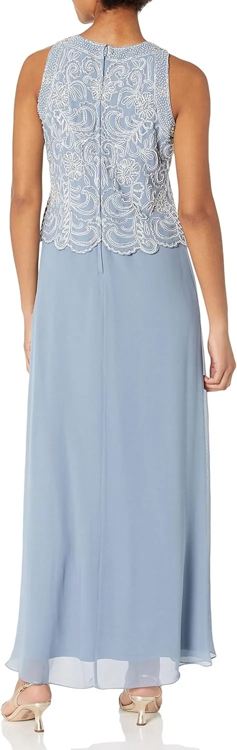 J Kara Women's Sleeveless Scallop Trim Long Beaded Gown W/Scarf
