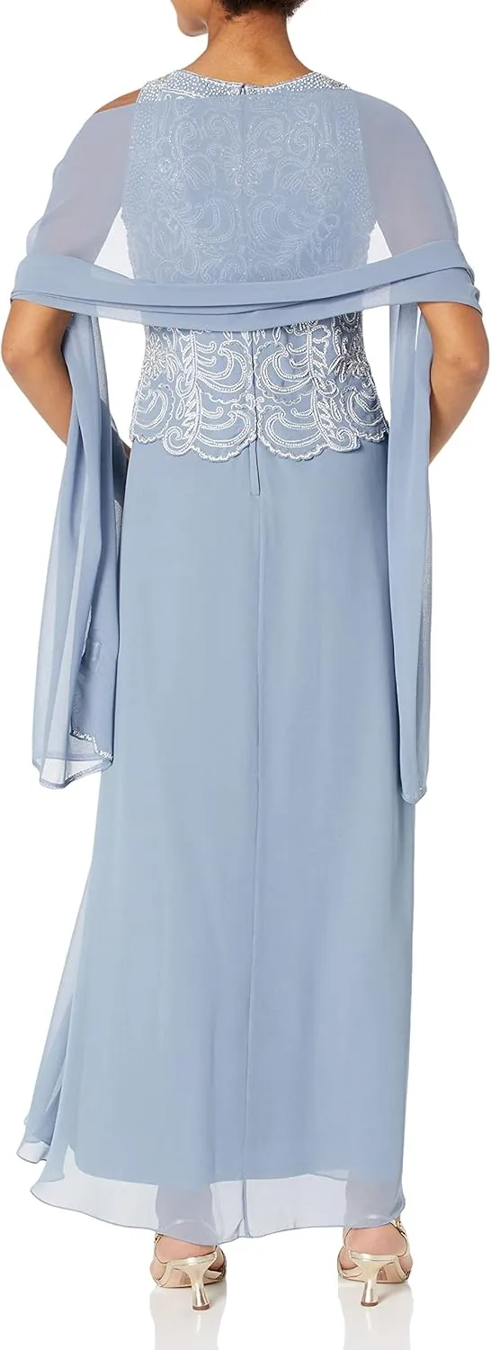 J Kara Women's Sleeveless Scallop Trim Long Beaded Gown W/Scarf