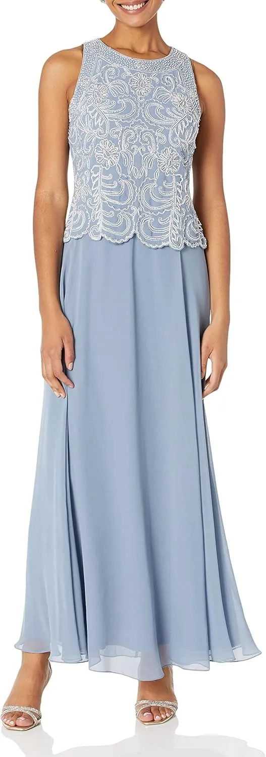 J Kara Women's Sleeveless Scallop Trim Long Beaded Gown W/Scarf