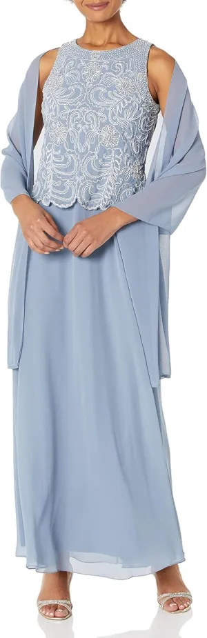 J Kara Women's Sleeveless Scallop Trim Long Beaded Gown W/Scarf