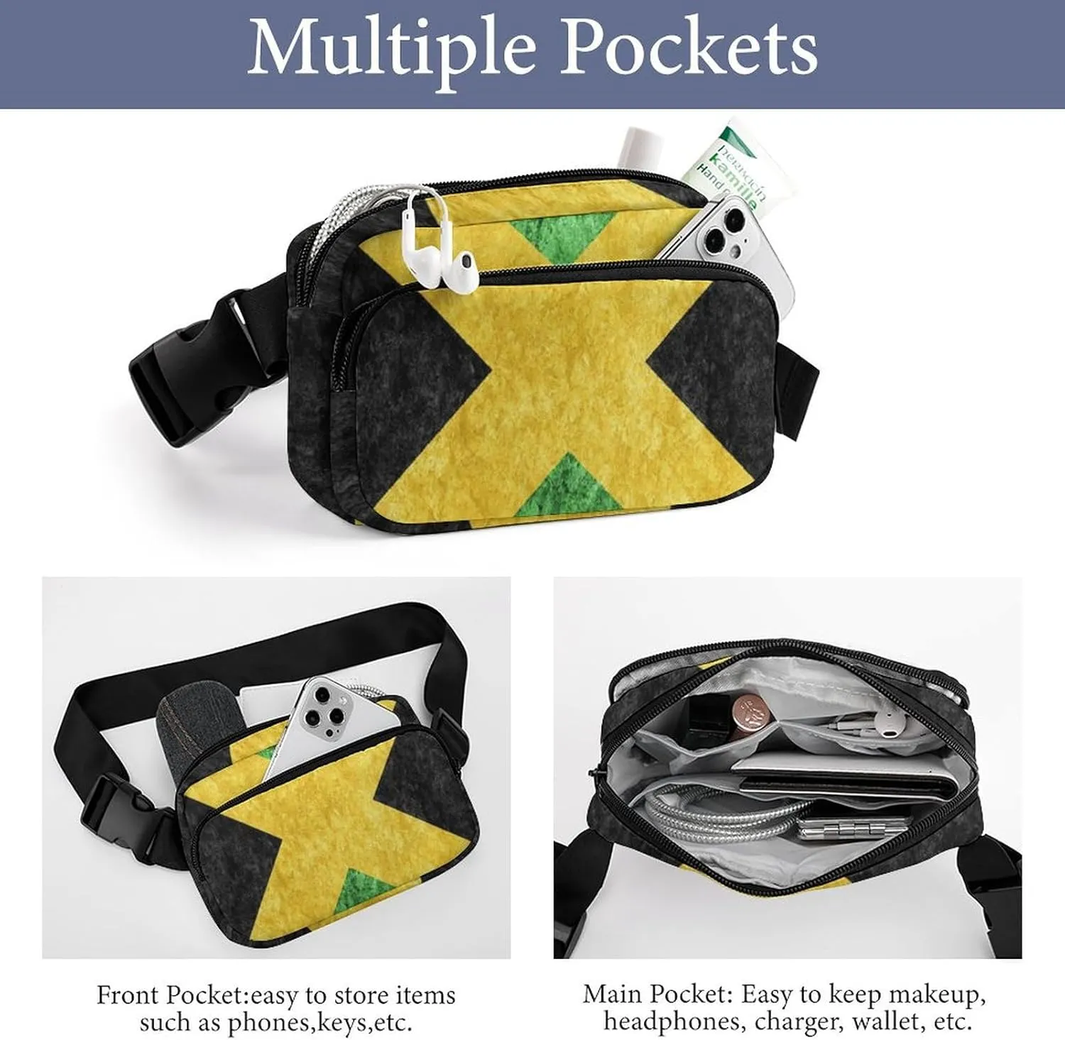 Jamaica Metallic Flag Unisex Fashion Fanny Pack Crossbody Bag Suitable for Traveling, Hiking, Daily Life, 20x13cm, style-39