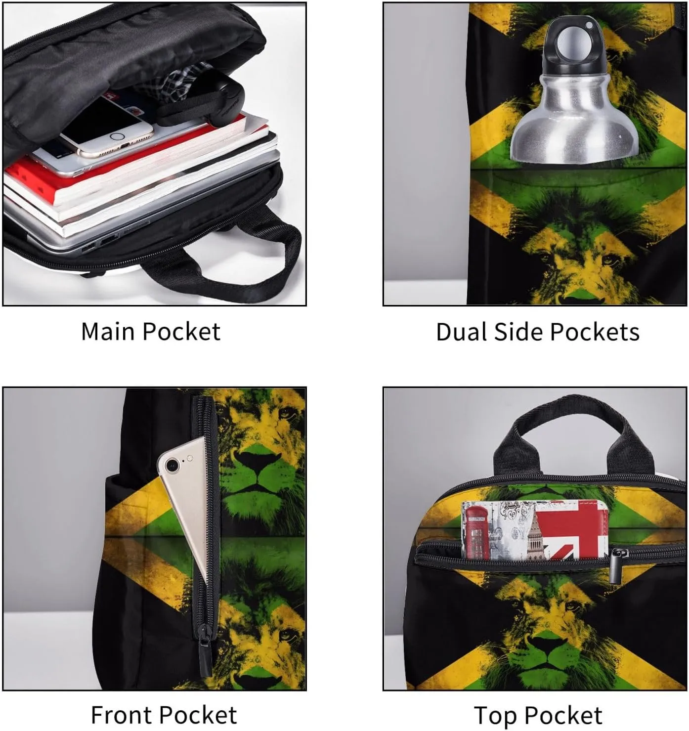 Jamaican Flag Lion Head Travel Backpacks Casual Laptop Backpack Sport Rucksack Large Capacity Daypack Multi-Pockets Adjustable Strap Bag for Working Hiking