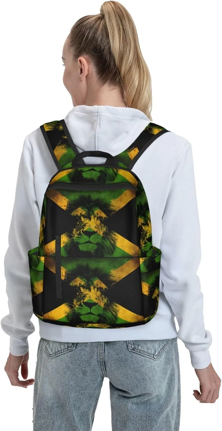 Jamaican Flag Lion Head Travel Backpacks Casual Laptop Backpack Sport Rucksack Large Capacity Daypack Multi-Pockets Adjustable Strap Bag for Working Hiking