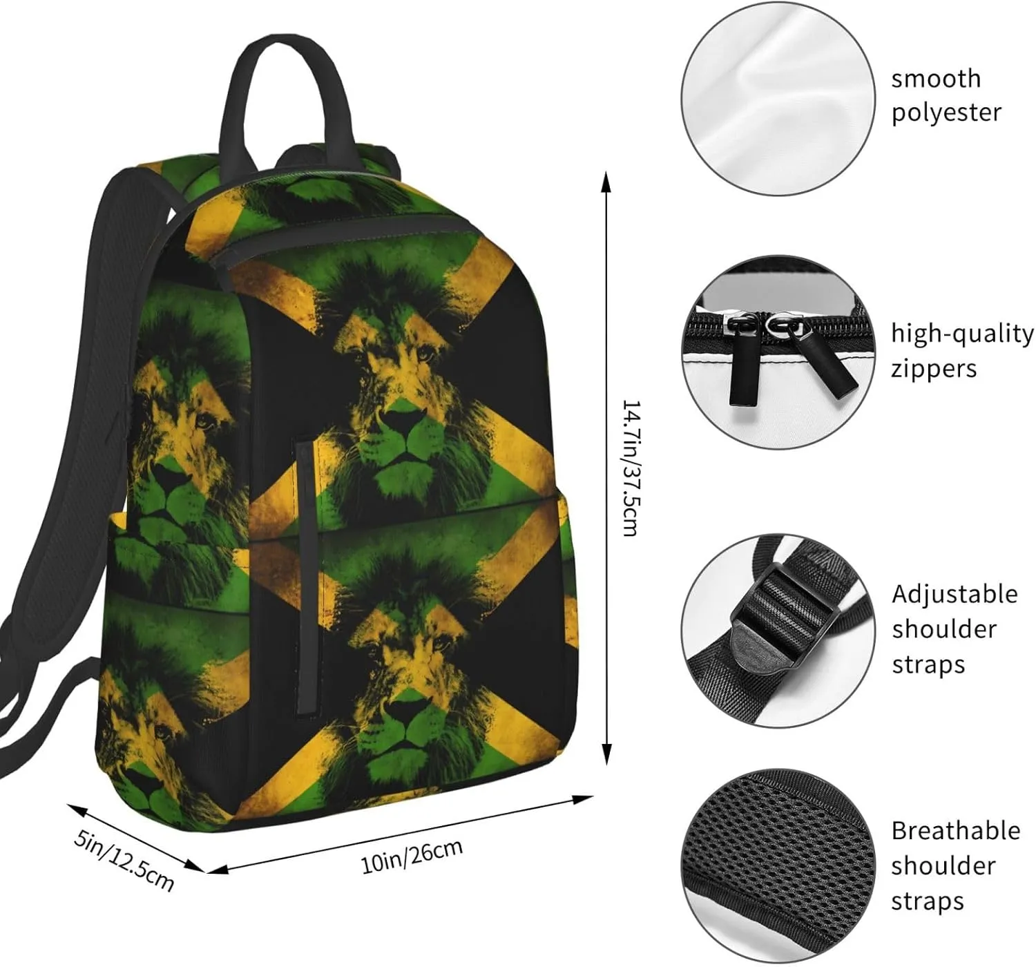 Jamaican Flag Lion Head Travel Backpacks Casual Laptop Backpack Sport Rucksack Large Capacity Daypack Multi-Pockets Adjustable Strap Bag for Working Hiking