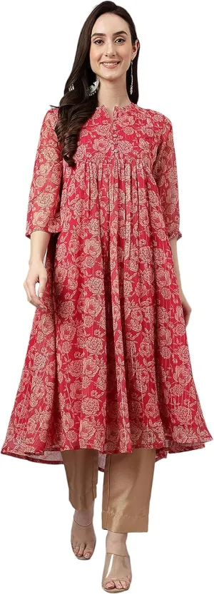 Janasya Indian Women's Pink Pure Cotton Kurta Kurti Top Tunic Floral Print Casual Evening Kurta for Women