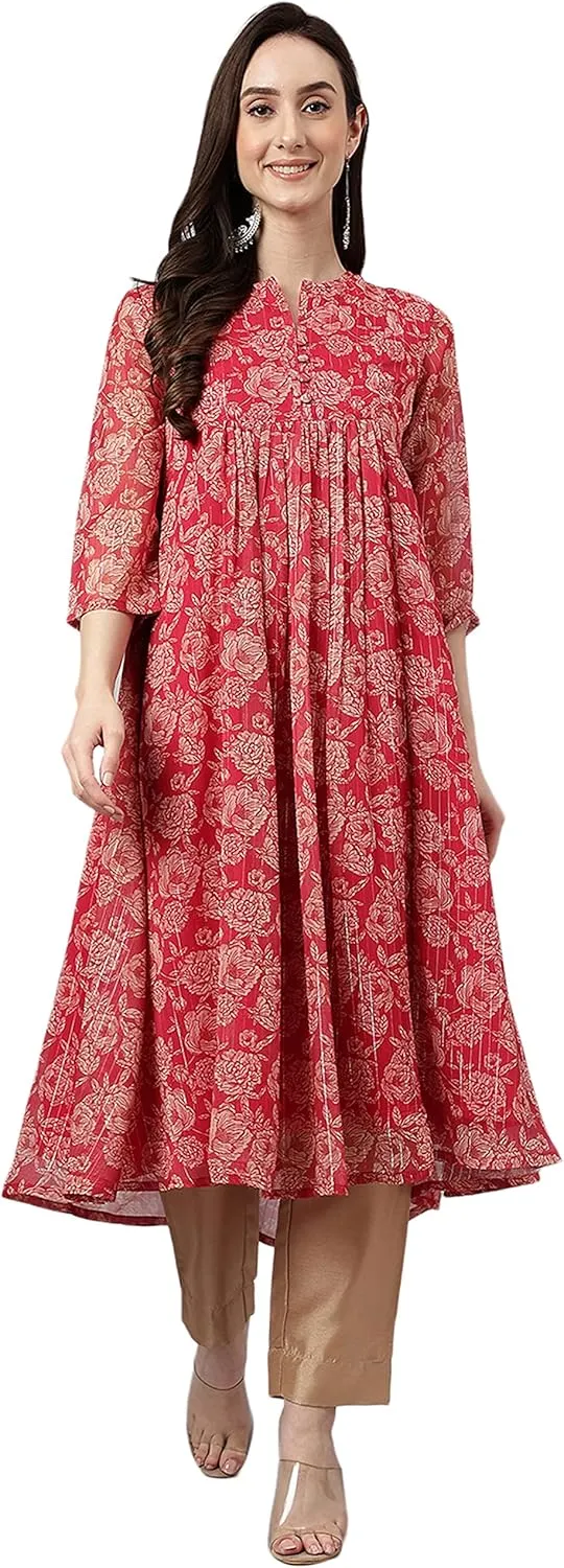 Janasya Indian Women's Pink Pure Cotton Kurta Kurti Top Tunic Floral Print Casual Evening Kurta for Women