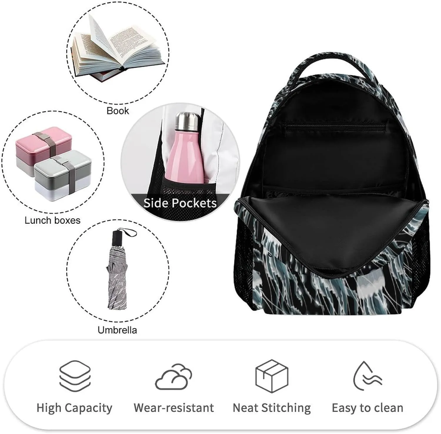 Jellyfish Backpack for Kids Girls Boys School, 16 Inches Cute Jellyfishes Theme Bookbag, Adjustable, Lightweight, Large Capacity, Colorful Daily Casual Backpacks